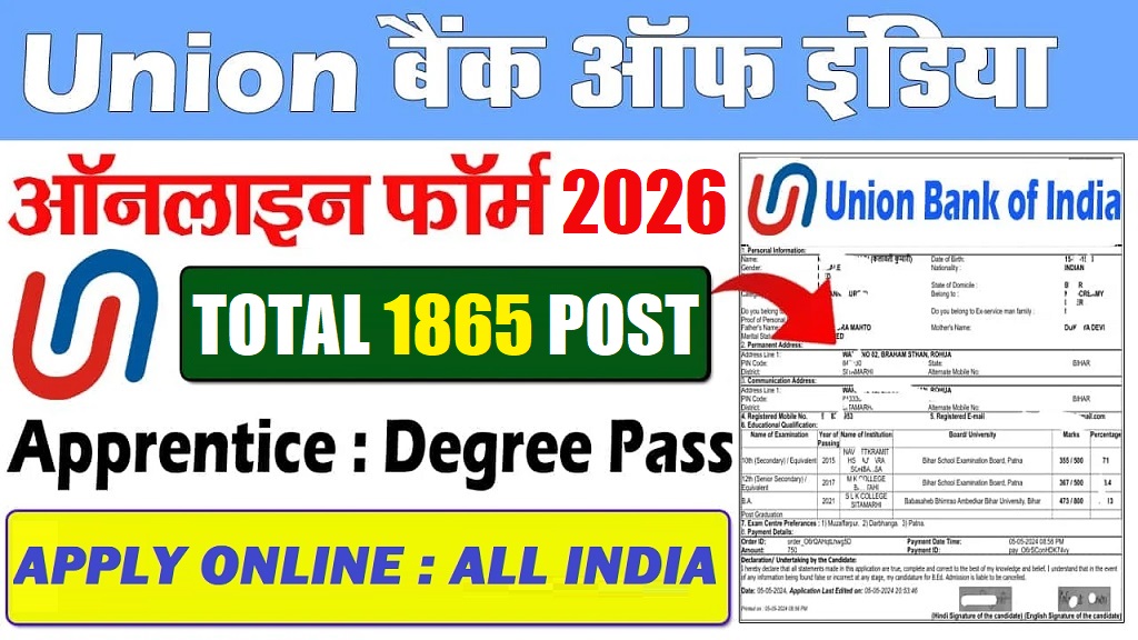 Union Bank of India Apprentice Recruitment 2026 Apply For 1865 Posts