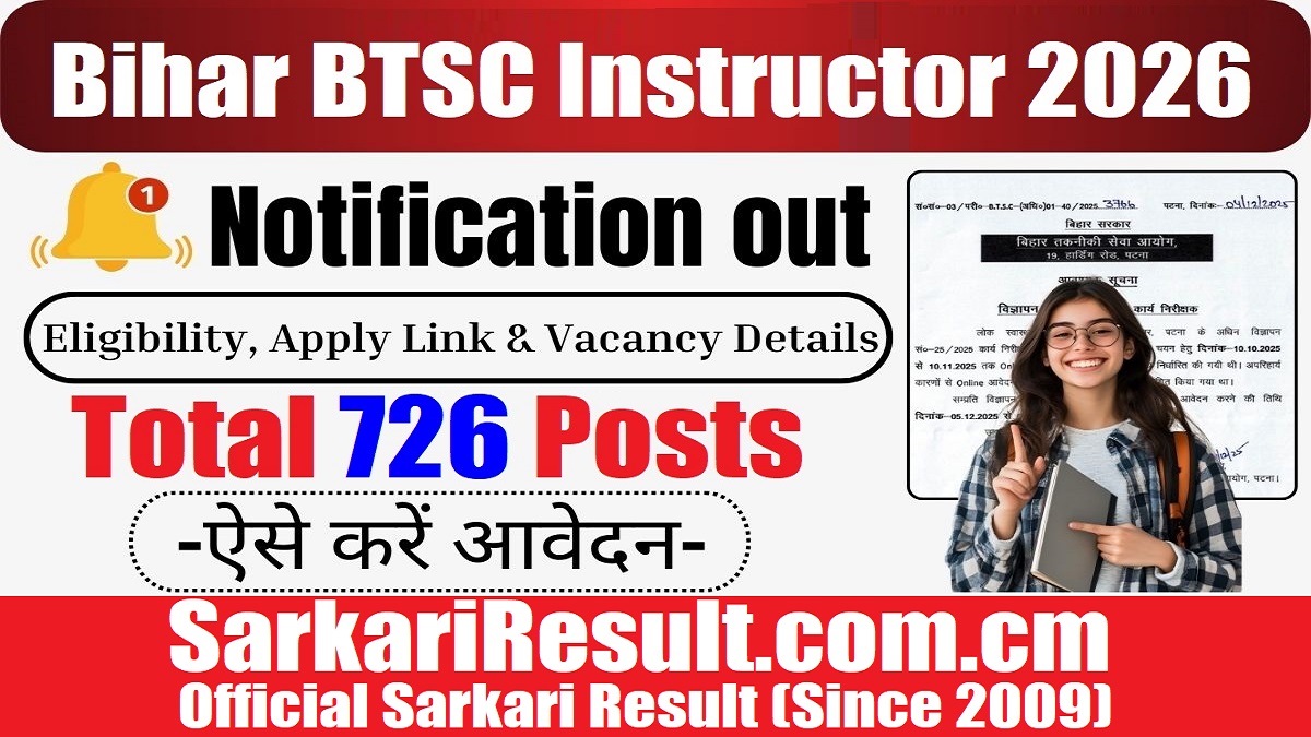 Bihar BTSC Instructor Recruitment 2026 Apply For 726 Posts